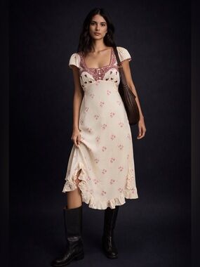 Cream Floral Lace-Trim Midi Dress with Pink Accents